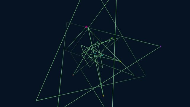 A complex and intricate geometric pattern with overlapping triangles and rectangles. The lines, in various colors, form a visually striking design