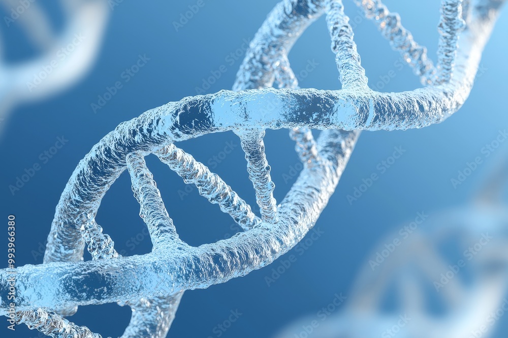 Poster A double helix of DNA with blue and white lighting against a dark background that highlights its twists and nucleotide bonds, symbolizing biotechnology and genetics research.