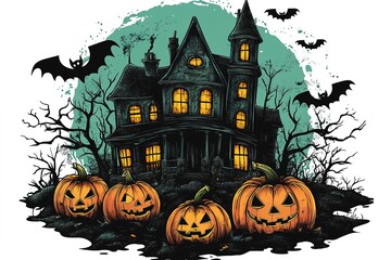 Fototapeta premium Halloween party background, full moon night illustration, Halloween pumpkin ghost, abandoned house, cemetery, bat, scary tree and Halloween elements Scary website Banner template Vector illustration