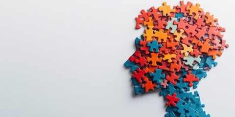 Colorful puzzle pieces combine to form a human profile symbolizing mental health and self-care