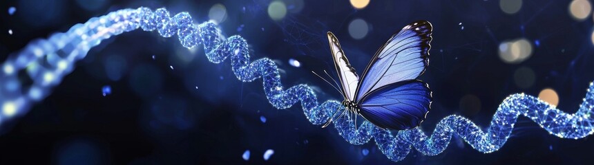 Science technology banner cover with a close-up of a genome and a translucent butterfly on an abstract blue background. Background banner ratio is 7:2.