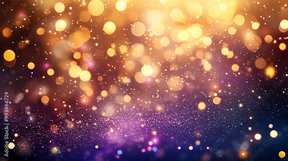 Wall mural golden abstract background with rainbow light and sparkling bokeh