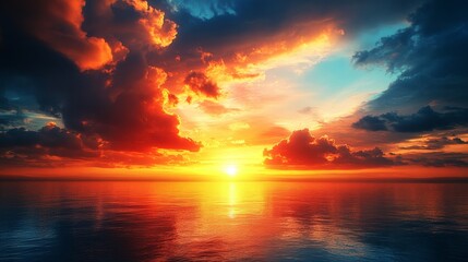 Naklejka premium A beautiful sunset over the ocean with a few clouds in the sky