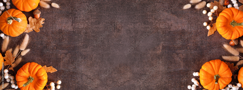 Poster fall double border of orange pumpkins, berries and natural autumn decor. top down view on a rustic d