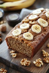 Fototapeta premium Banana Nut Bread Loaf with Walnuts and Banana Slices.