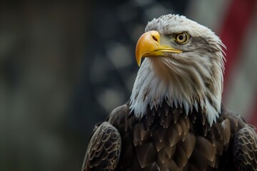 Obraz premium Large eagle against the background of the American flag. Concept of freedom and strength
