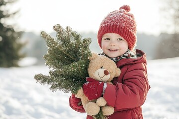 Winter photo of a child playing in the snow. The child is enjoying the winter scene. The child is playing outside against the winter background. Beautiful, original winter photographs.