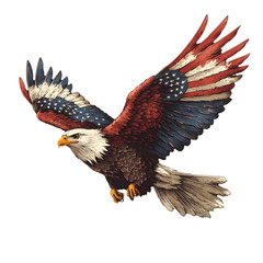 Bald Eagle Flying with American Flag Wings, Isolated on Transparent Background