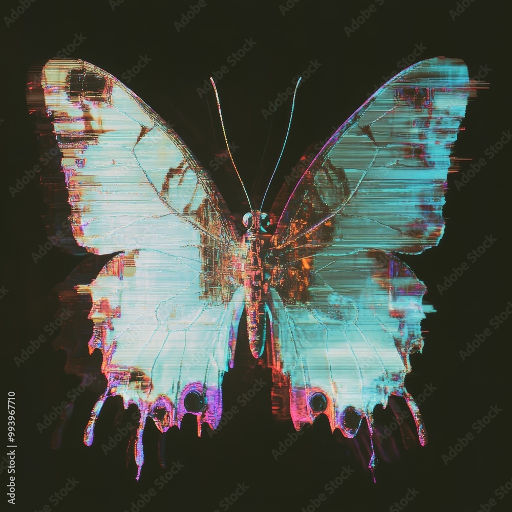 Aufkleber an abstract background with particles, lines, and dots featuring a butterfly