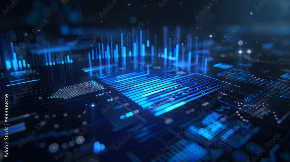 Poster An animated blue graph, bars, diagrams and charts elements. Depth of field settings. 3D rendering.