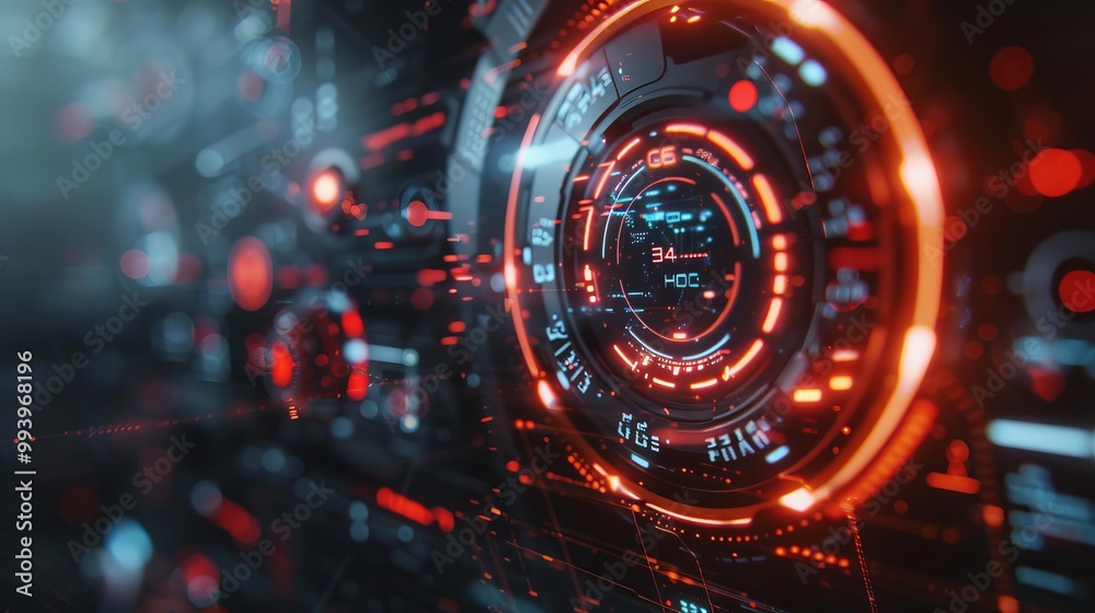 Aufkleber A target pointer with a futuristic user interface that is accompanied by a digital text number element in dark and grainy conditions for a cyber technology concept.
