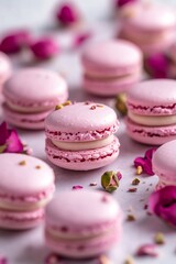 Fototapeta premium Closeup of Pink Macarons with Rose Petals and Pistachio Crumbs.
