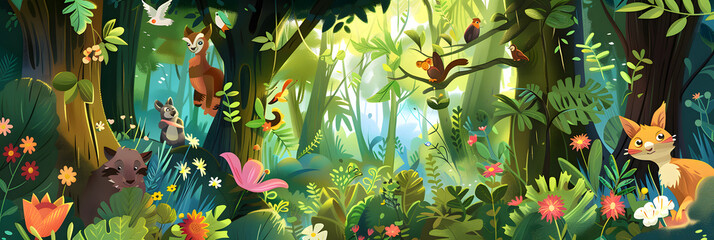 A vibrant, illustrated jungle scene filled with various animals, colorful flowers, and lush greenery, showcasing the beauty of nature.