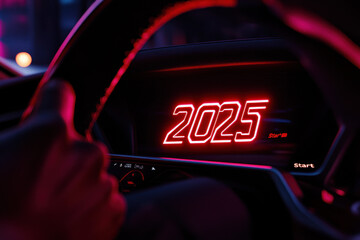 Futuristic dashboard display in neon red and black color scheme