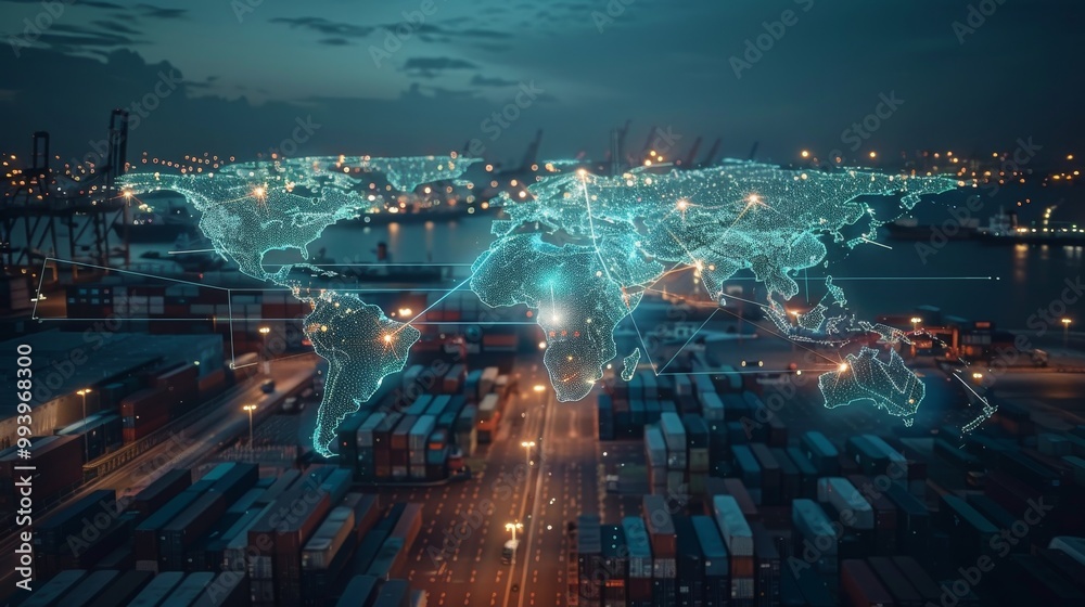 Aufkleber International delivery concept, World map with logistic network distribution on background, shipping containers in port stock for fast or instant delivery idea.