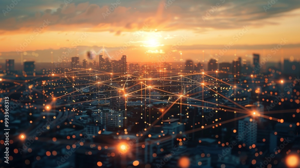 Aufkleber on a city background, a network for business and communication is visible