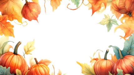 Frame of watercolor pumpkins and autumn leaves with transparent background. PNG template for autumn posters, Halloween and Thanksgiving cards with space for text