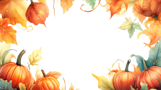 Frame of watercolor pumpkins and autumn leaves with transparent background. PNG template for autumn posters, Halloween and Thanksgiving cards with space for text