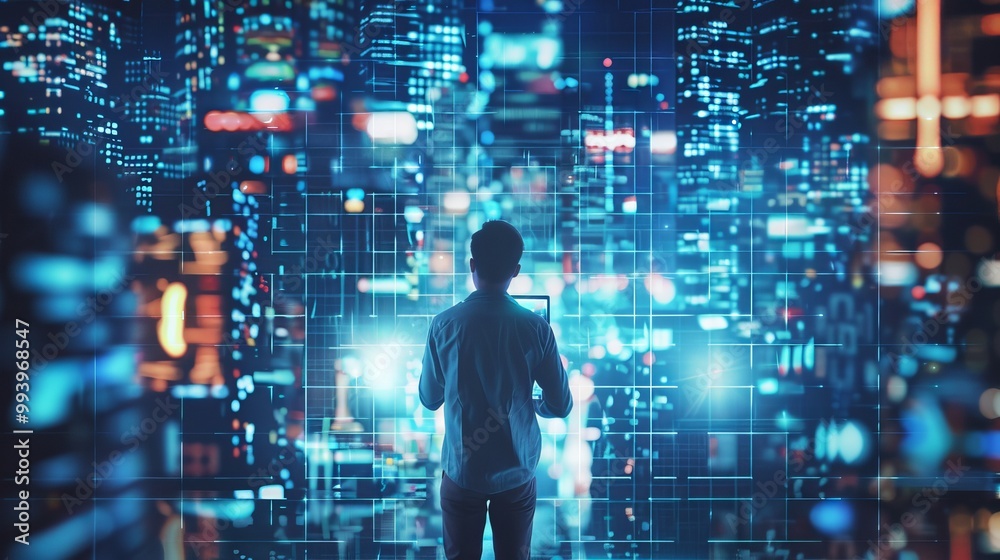 Poster with a tablet in hand, he stands against a backdrop of displays