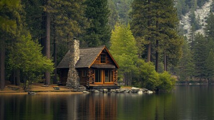 Fototapeta premium Rustic Cabin on a Tranquil Lake