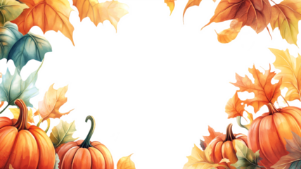 Frame of watercolor pumpkins and autumn leaves with transparent background. PNG template for autumn posters, Halloween and Thanksgiving cards with space for text