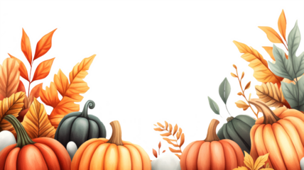 Frame of watercolor pumpkins and autumn leaves with transparent background. PNG template for autumn posters, Halloween and Thanksgiving cards with space for text
