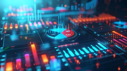 The layout and animation of business and market data analysis and reports includes infographics, bar graphs, charts and diagrams.