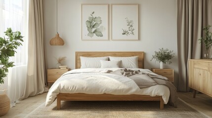 3D Bedroom Interior Design with Sage Green Accent, Wooden Bed Frame, and Minimalist Style. Decorative Paintings and Neutral Colors.