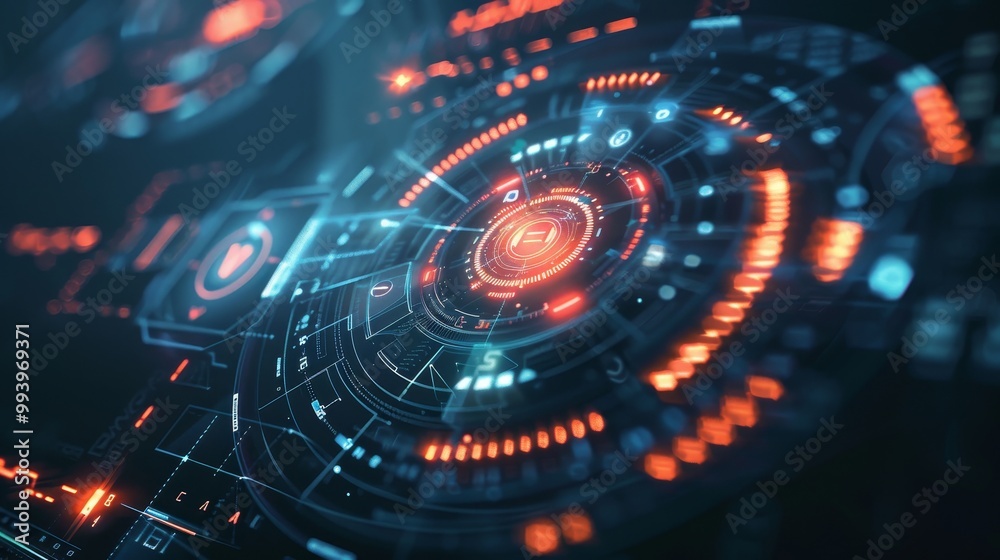 Poster With shallow depth of field and dark and grainy processing, target pointer together with futuristic user interface GUI digital text number element for cybertechnology concept.