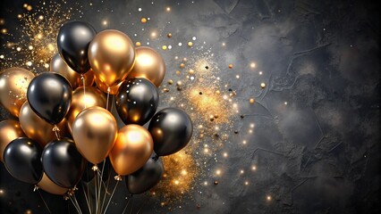 Gold black balloon confetti background for graduation birthday happy New Year opening sale concept usable for banner poster brochure ad invitation flyer template.