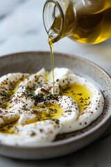 Drizzling Olive Oil on Creamy Yogurt with Herbs and Spices.