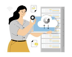Cloud Computing Technology, Data Storage and Hosting. Document archiving and storage. Woman  saving and copying files. Vector illustration on isolated white background.	
