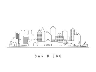 Naklejka premium Detailed San Diego skyline vector illustration. San Diego buildings in line art style, perfect for modern designs.