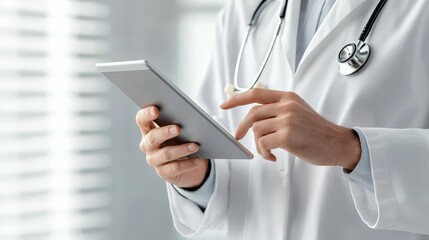 Clinical Technology Advancements Close-up Hands of Doctor Using Tablet in White Environment