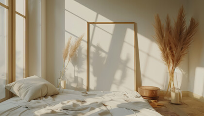 Cozy bedroom with natural light, soft bedding, and minimalist decor featuring a stylish frame and dried plants.
