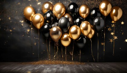 Naklejka premium Gold black balloon confetti background for graduation birthday happy New Year opening sale concept usable for banner poster brochure ad invitation flyer template.