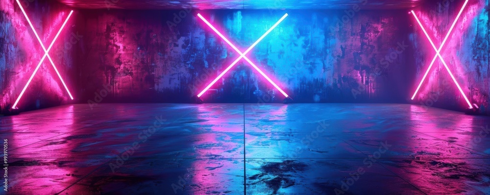 Poster a vibrant neon-lit room featuring pink and blue lights, creating a stunning backdrop with a reflecti