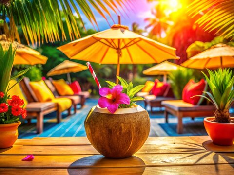 A vibrant Umbrella shades a refreshing Coco Loco, served in a coconut shell and garnished with a tropical flower, on a colorful and lively beach patio
