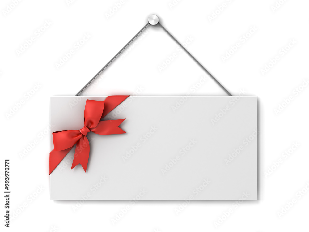Poster Blank white hanging gift card sign mock up with red ribbon bow isolated on white background with shadow minimal conceptual 3D rendering