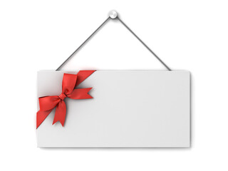 Blank white hanging gift card sign mock up with red ribbon bow isolated on white background with shadow minimal conceptual 3D rendering