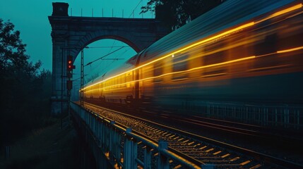 Naklejka premium Nighttime Train Crossing Bridge with Light Trail in 8K UHD - Transportation and Urban Exploration Concept