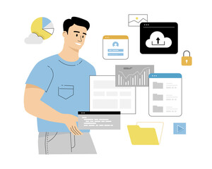 Cloud Computing. Digital storage, Data center. Data analysis, Categorizing or classifying files, organizing efficient work. Vector illustration on isolated white background.	
