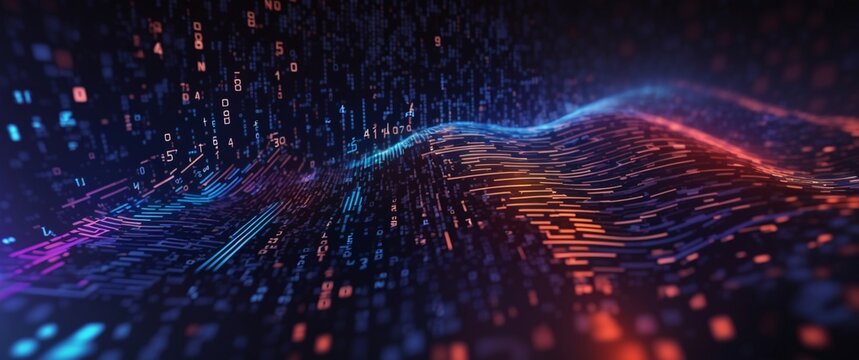 An abstract digital background with binary code and AI algorithms running in the background