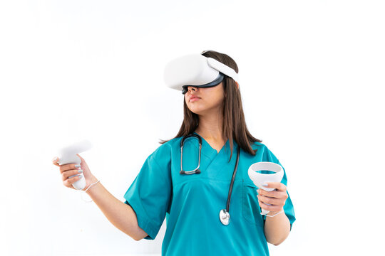 Innovating the Future: Female doctor wearing virtual reality goggles, Embracing Virtual Reality in Medical Research