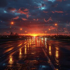 Obraz premium Highway stretches out endlessly, captured from a low angle as the sun sets.