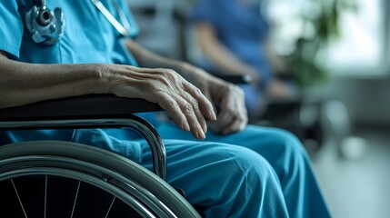 Obraz premium Disabled person in wheelchair receiving medical care at healthcare facility