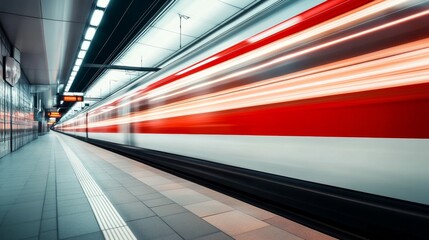 Obraz premium High-speed train in motion at a busy subway station captured with a long exposure effect