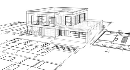 house architectural project sketch 3d illustration
