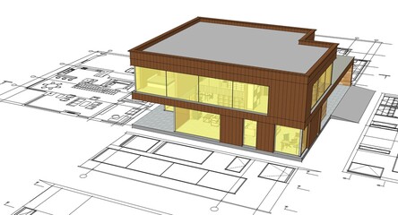 house architectural project sketch 3d illustration