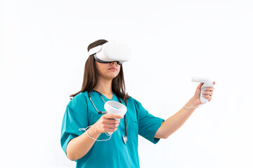 Innovating the Future: Female doctor wearing virtual reality goggles, Embracing Virtual Reality in Medical Research